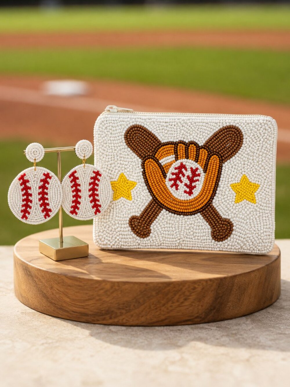 BUNDLE DEAL! Baseball Theme Beaded Coin Pouch & Seed Beaded Earrings NEW NWT